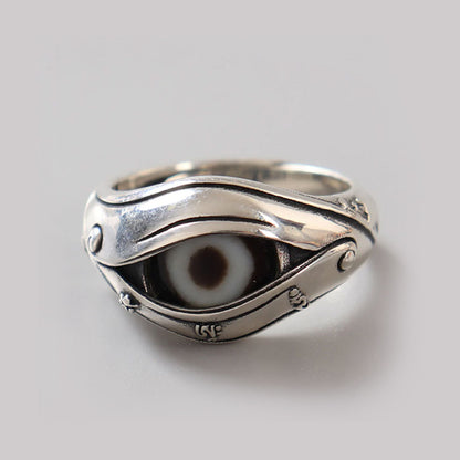 Eye of Protection Dzi Agate & 925 Silver Ring