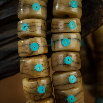 18th Century 108 Old Jade-like Buddhist Beads Yak Bone Inlaid With Turquoise