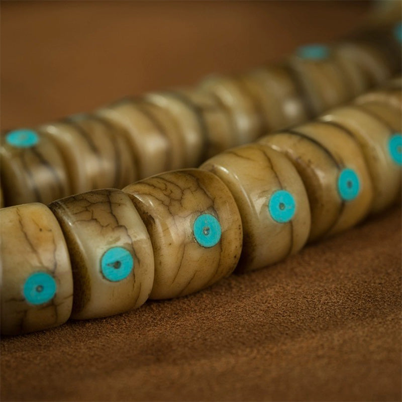 18th Century 108 Old Jade-like Buddhist Beads Yak Bone Inlaid With Turquoise