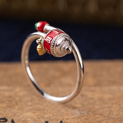 Prosperity Enamel Silver Prayer Wheel Ring Handcrafted for Wealth Energy