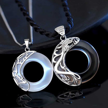 Dragon & Phoenix Couple Necklace - Obsidian & Opal Pendants for Protection