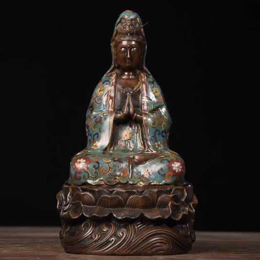 Avalokiteshvara Bodhisattva (Guanyin Bodhisattva) Buddha Statue Cloisonné Pure Copper Oriental Artwork