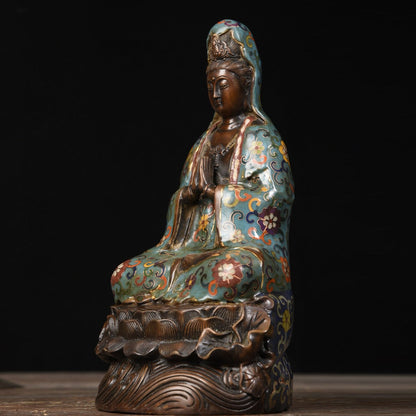 Avalokiteshvara Bodhisattva (Guanyin Bodhisattva) Buddha Statue Cloisonné Pure Copper Oriental Artwork