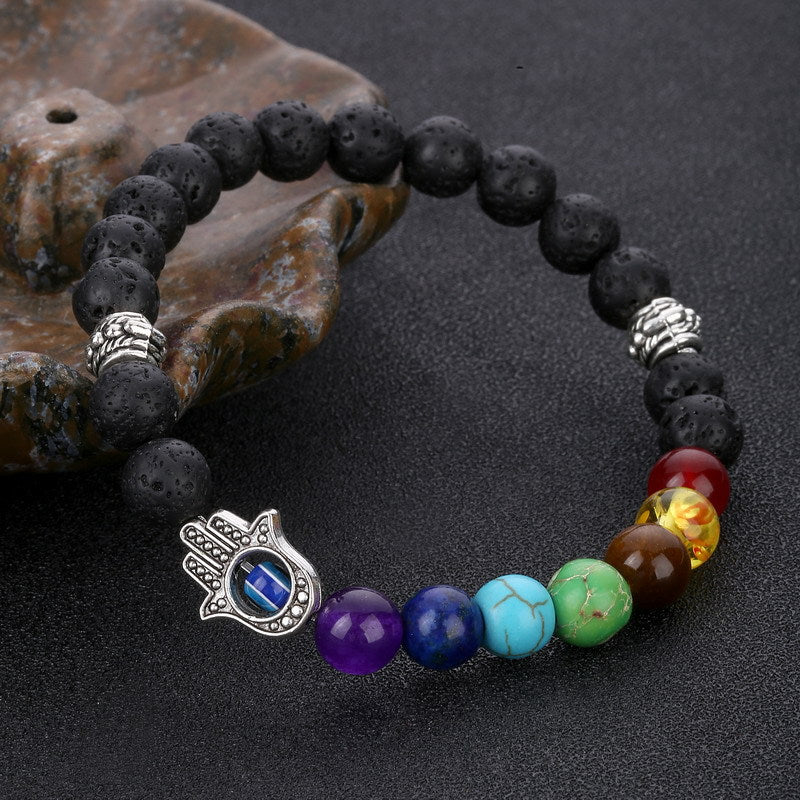 7 Chakra Hamsa Hand Lava Stone Bracelet