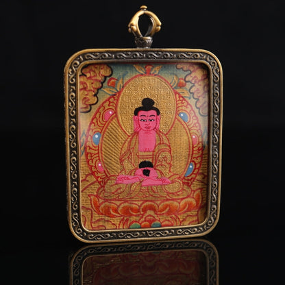 Amitabha Buddha Tibetan Thangka Pendant Hand-painted with Gold Outline and Vajra Shell