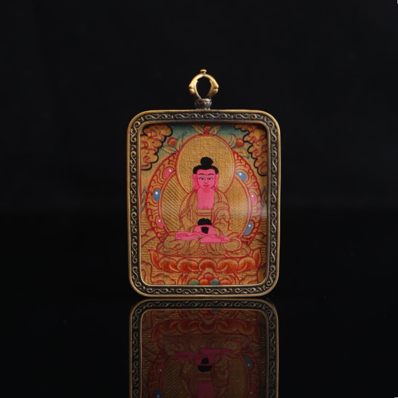 Amitabha Buddha Tibetan Thangka Pendant Hand-painted with Gold Outline and Vajra Shell