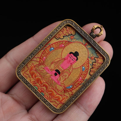 Amitabha Buddha Tibetan Thangka Pendant Hand-painted with Gold Outline and Vajra Shell