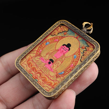 Amitabha Buddha Tibetan Thangka Pendant Hand-painted with Gold Outline and Vajra Shell