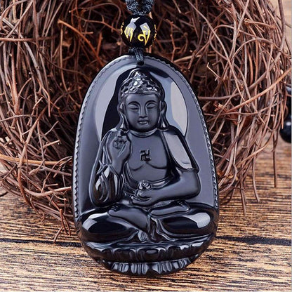 Black Obsidian Buddha Necklace Pendant - Protection & Courage