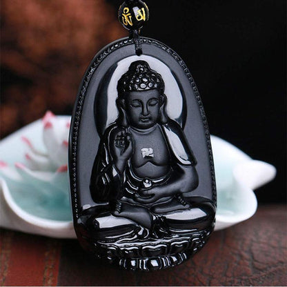 Black Obsidian Buddha Necklace Pendant - Protection & Courage