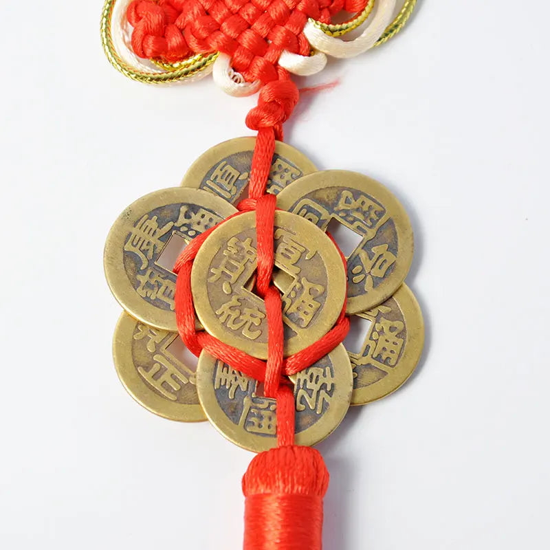 Charm Ancient Copper 7PCS Coins Red Chinese Knot Plum Shape Collection Good Lucky Fortune Feng Shui Five Emperor Money Keychain