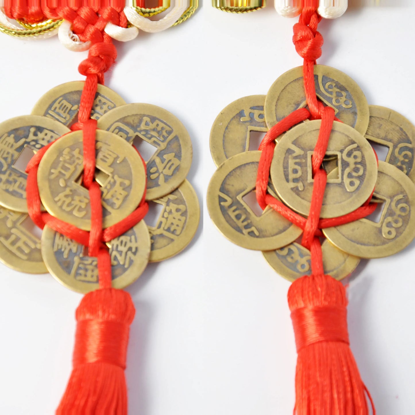 Charm Ancient Copper 7PCS Coins Red Chinese Knot Plum Shape Collection Good Lucky Fortune Feng Shui Five Emperor Money Keychain