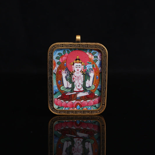 Chaturbhuja Lokeshvara Tibetan Thangka Pendant with Nine Square Diagram Shell