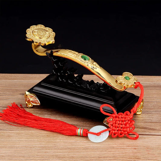 Chinese Amulet Crafts Golden Auspicious Ruyi Gifts Home Furnishing Feng Shui Power Scepter Decoration Ornaments With Base