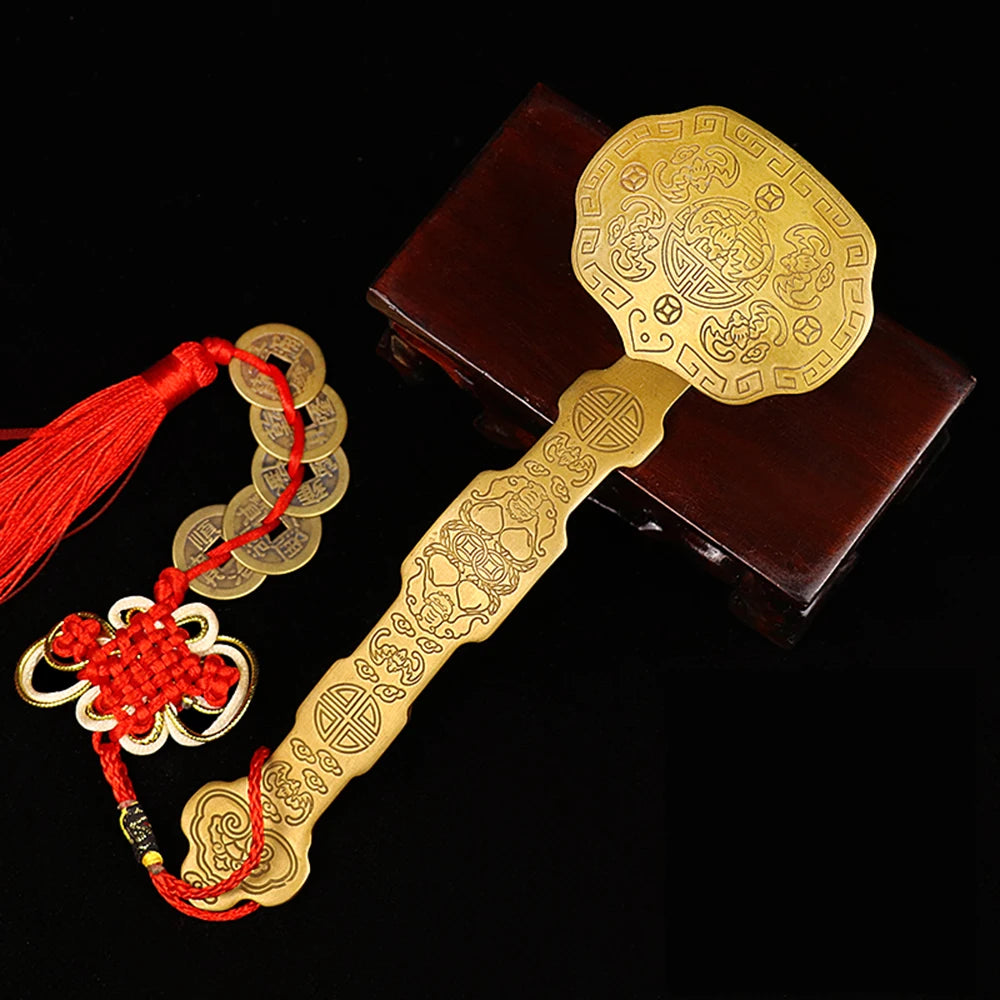 Chinese Amulet Crafts Golden copper Auspicious Ruyi Home Furnishing Feng Shui Power Scepter Decoration Ornaments Good Fortune