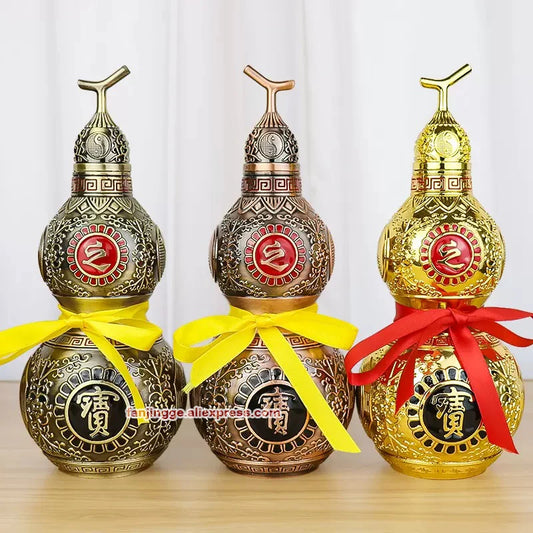 Chinese Feng Shui Copper Gourd Brass Mental Golden Wu Lou Hu Lu Hollow Opening Health Enhance Luck Ornament Decor Tai Chi