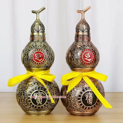 Chinese Feng Shui Copper Gourd Brass Mental Golden Wu Lou Hu Lu Hollow Opening Health Enhance Luck Ornament Decor Tai Chi