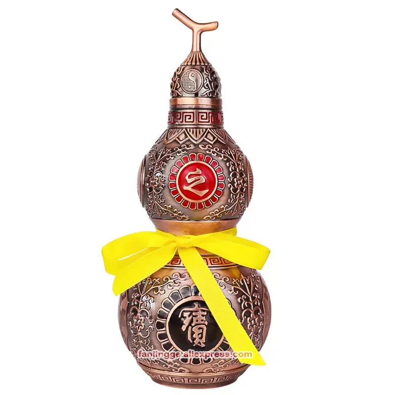 Chinese Feng Shui Copper Gourd Brass Mental Golden Wu Lou Hu Lu Hollow Opening Health Enhance Luck Ornament Decor Tai Chi