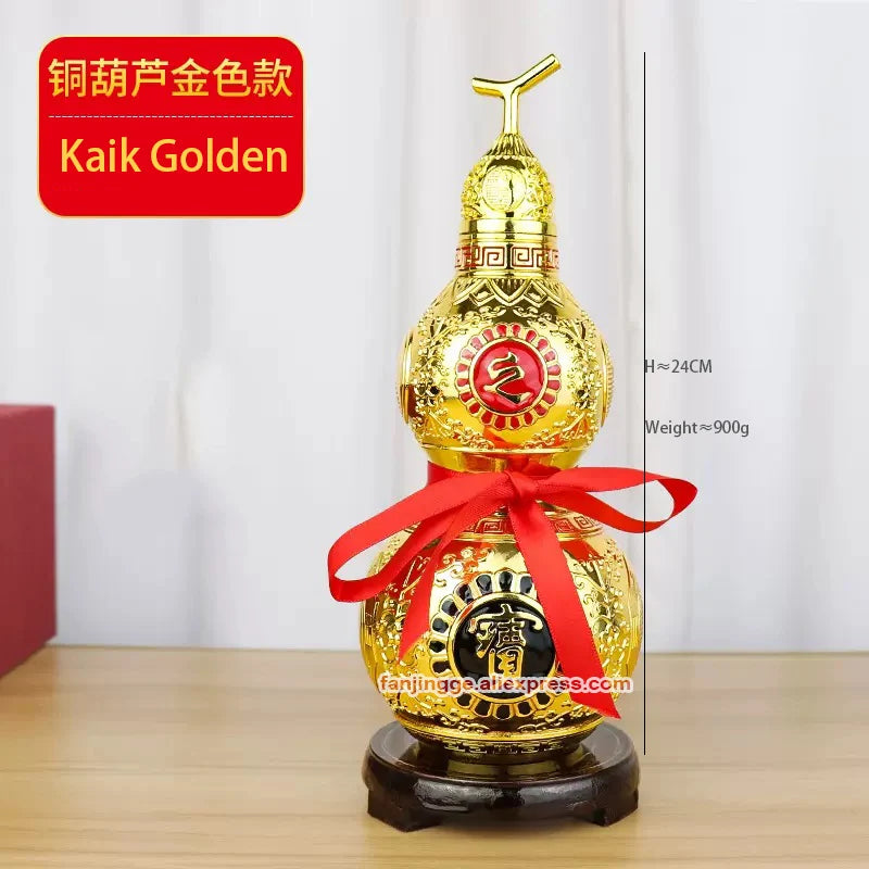 Chinese Feng Shui Copper Gourd Brass Mental Golden Wu Lou Hu Lu Hollow Opening Health Enhance Luck Ornament Decor Tai Chi