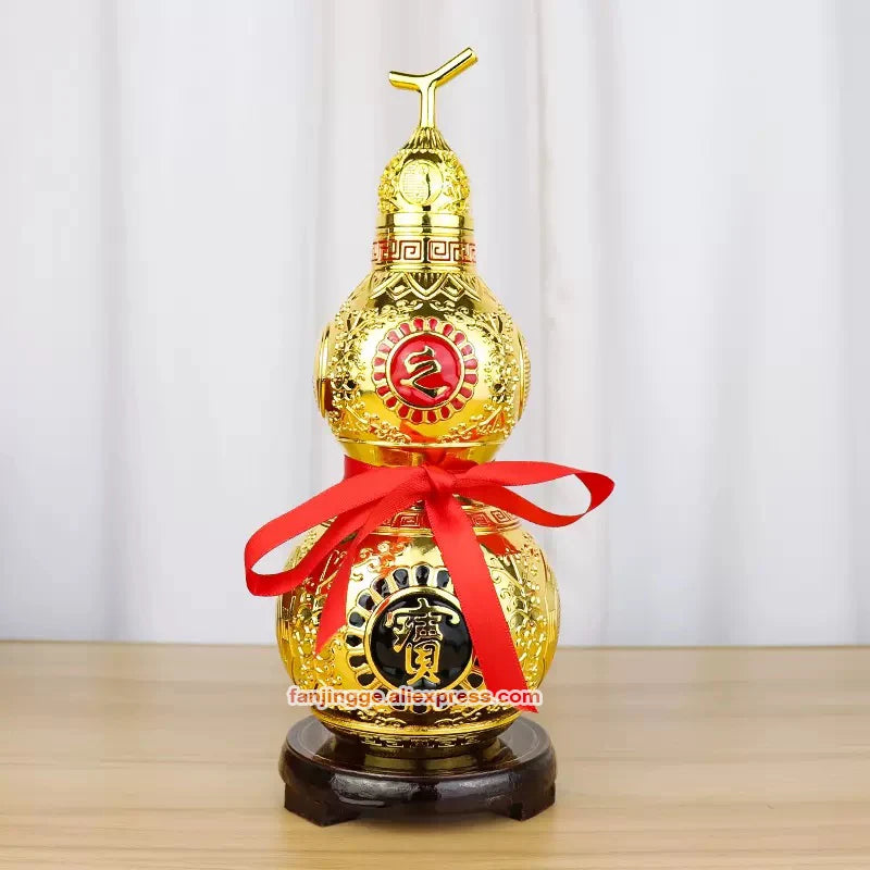 Chinese Feng Shui Copper Gourd Brass Mental Golden Wu Lou Hu Lu Hollow Opening Health Enhance Luck Ornament Decor Tai Chi