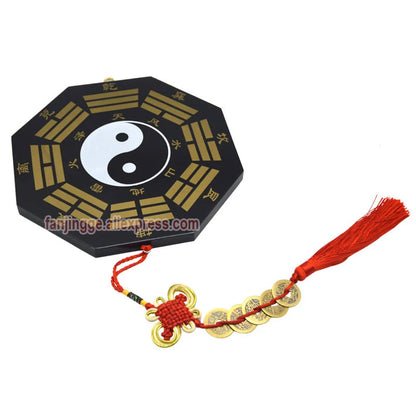 Chinese Feng Shui Peach Wood Bagua Mirror Copper Coins Mascot Compass For Lucky And Blessing Home Wall Decoration Accessories