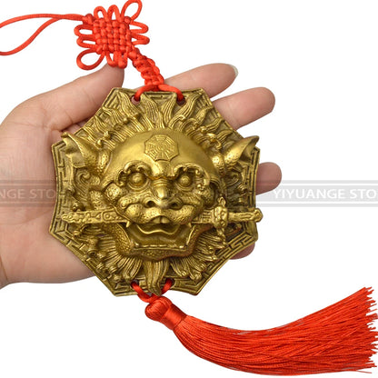 Chinese Fengshui The Bronze Beast Head Eight Lions Bite Sword Pendant Copper Lion Door Ornaments Home Decoration