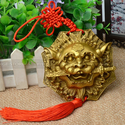 Chinese Fengshui The Bronze Beast Head Eight Lions Bite Sword Pendant Copper Lion Door Ornaments Home Decoration