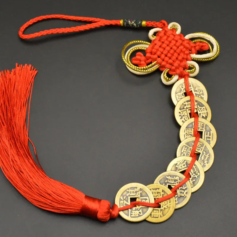 Chinese manual Knot Fengshui Lucky Charms Ancient I CHING Copper Coins Mascot Prosperity Protection Good Fortune Home Car Decor