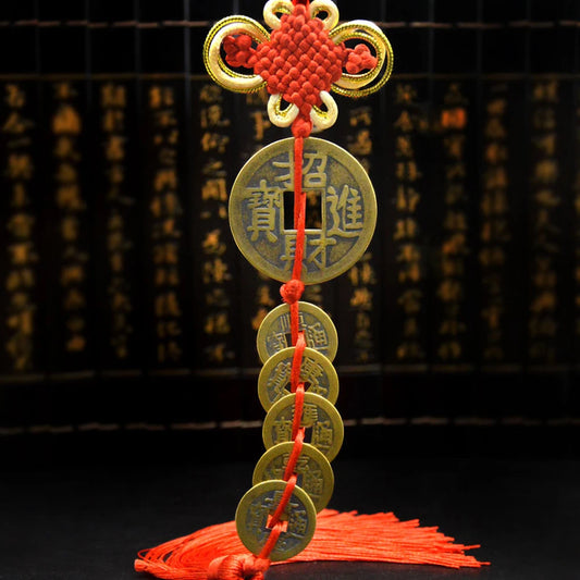 Chinese manual Knot Fengshui Lucky Charms Ancient I CHING Copper Five Emperor Money Coins Mascot Good Fortune Home Decor