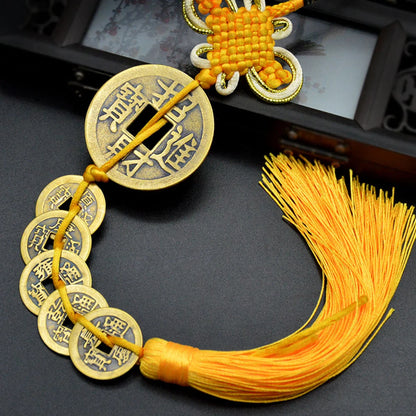 Chinese manual Knot Fengshui Lucky Charms Ancient I CHING Copper Five Emperor Money Coins Mascot Good Fortune Home Decor