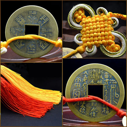 Chinese manual Knot Fengshui Lucky Charms Ancient I CHING Copper Five Emperor Money Coins Mascot Good Fortune Home Decor