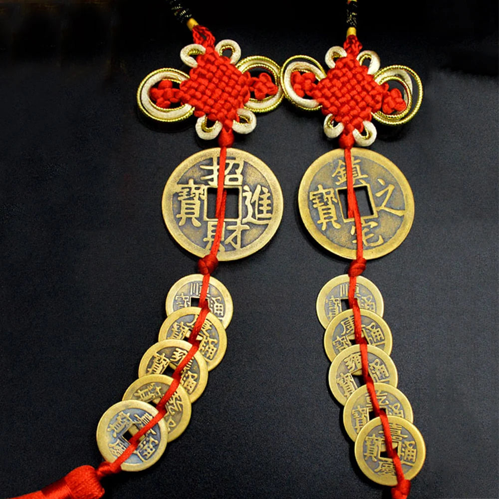 Chinese manual Knot Fengshui Lucky Charms Ancient I CHING Copper Five Emperor Money Coins Mascot Good Fortune Home Decor