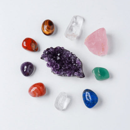 Crystal Box - Set of 7 Chakra Stones, Rose Quartz & Amethyst Cluster