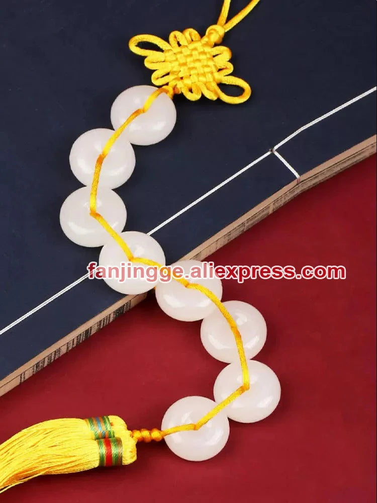 Eight White Jade Stone Round Buckle Home Living Room Wall Chinese Knot 5 Emperor Copper Coin ba Baiyu String Handicraft Pendant