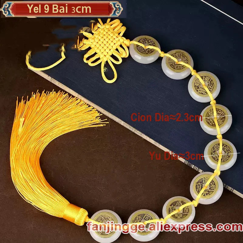 Eight White Jade Stone Round Buckle Home Living Room Wall Chinese Knot 5 Emperor Copper Coin ba Baiyu String Handicraft Pendant