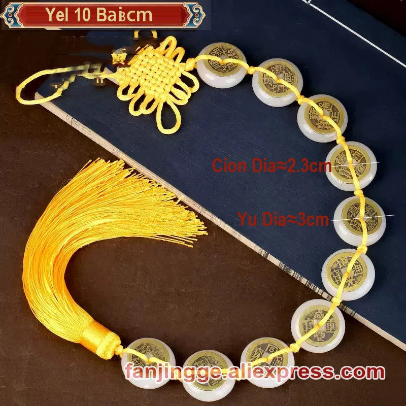 Eight White Jade Stone Round Buckle Home Living Room Wall Chinese Knot 5 Emperor Copper Coin ba Baiyu String Handicraft Pendant