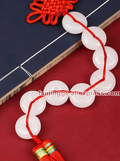 Eight White Jade Stone Round Buckle Home Living Room Wall Chinese Knot 5 Emperor Copper Coin ba Baiyu String Handicraft Pendant