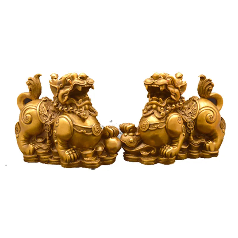 Feng Shui Chinese Copper Dragon Chilin Dragon Unicorn Kylin Pi Xiu Kirin Statue Couple  Home Decoration