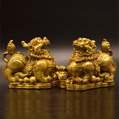 Feng Shui Chinese Copper Dragon Chilin Dragon Unicorn Kylin Pi Xiu Kirin Statue Couple  Home Decoration