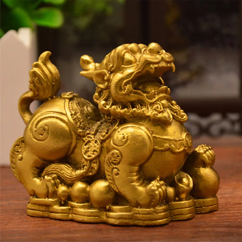 Feng Shui Chinese Copper Dragon Chilin Dragon Unicorn Kylin Pi Xiu Kirin Statue Couple  Home Decoration