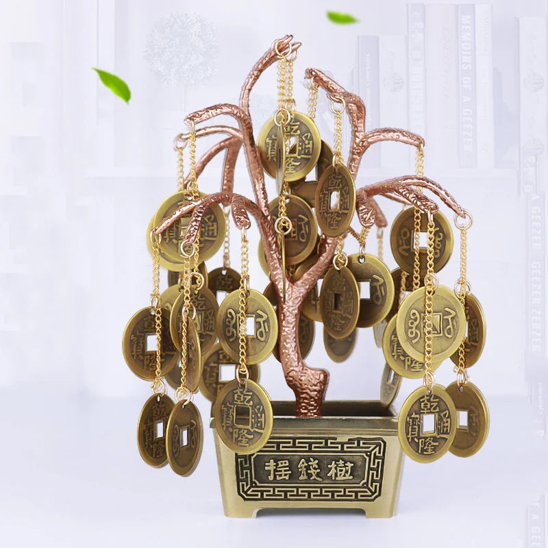 Feng Shui Good Fortune Lucky Charm Attract Money Tree With Coins Mascot Metal Crafts Chinese Decoration Traditional Home Decor