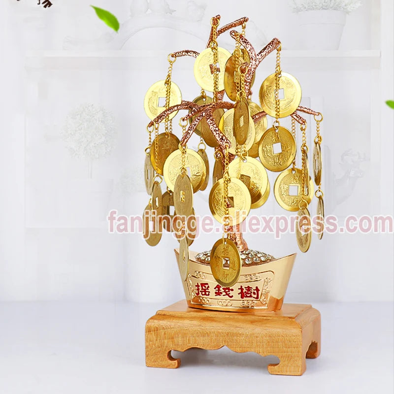 Feng Shui Good Fortune Lucky Charm Attract Money Tree With Coins Mascot Metal Crafts Chinese Decoration Traditional Home Decor