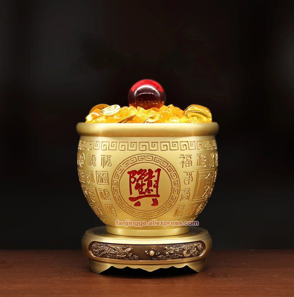 Fengshui Prosperous Business Copper Sculpture Cornucopia Carved Jars Bowl Bai FuGoddess of wealth Gathering Home Decoration