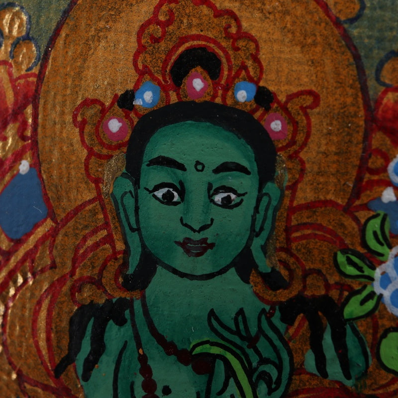 Green Tara Tibetan Thangka Pendant Hand-painted with Gold Outline