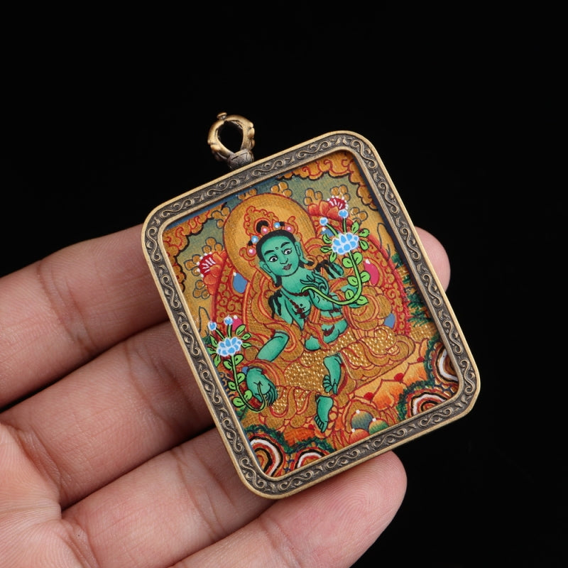 Green Tara Tibetan Thangka Pendant Hand-painted with Gold Outline