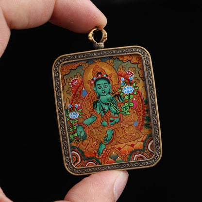 Green Tara Tibetan Thangka Pendant Hand-painted with Gold Outline