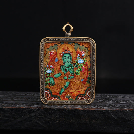 Green Tara Tibetan Thangka Pendant Hand-painted with Gold Outline