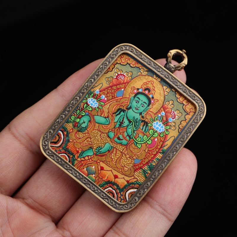 Green Tara Tibetan Thangka Pendant Hand-painted with Gold Outline