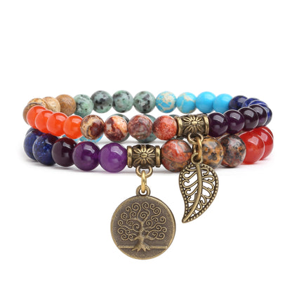 Double-Layered Chakra Beads - Leaf & Tree of Life Charm Bracelet