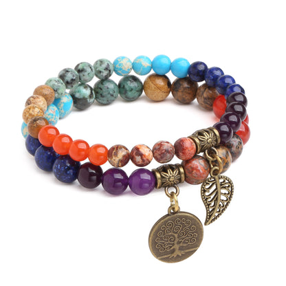 Double-Layered Chakra Beads - Leaf & Tree of Life Charm Bracelet